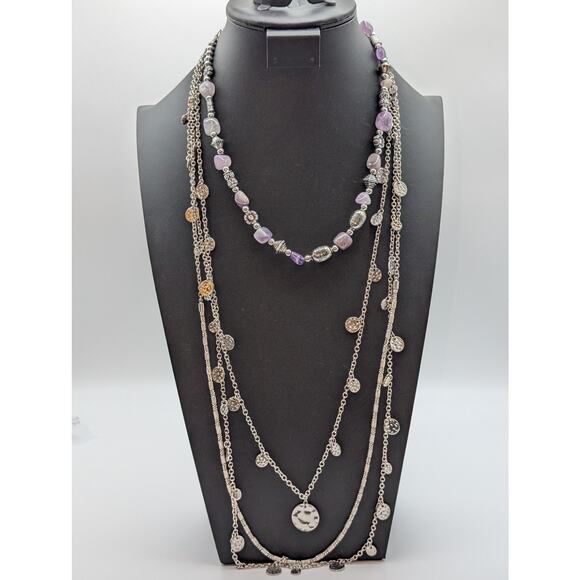 Layers of Amethyst & Silver Tone Beads & Multi Chain Dangle Necklaces - Picture 8 of 8